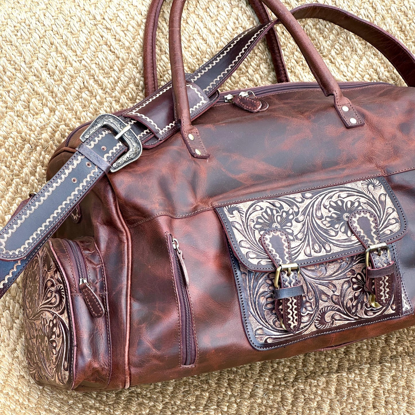 Western Style Leather Duffel | Weekender Travel Bag | Hand Tooled Leather Duffel | Leather Gym Bag | Large Weekender Bag | Valentines Gift | - JayKayBoutiqueOnline