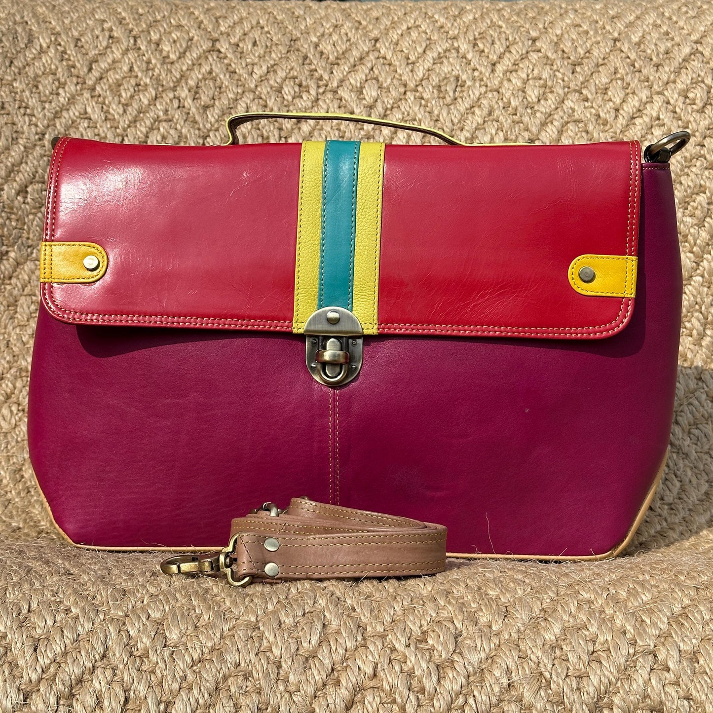 Coloured Leather Laptop Briefcase Satchel Bag with Shoulder Strap - JayKayBoutiqueOnline