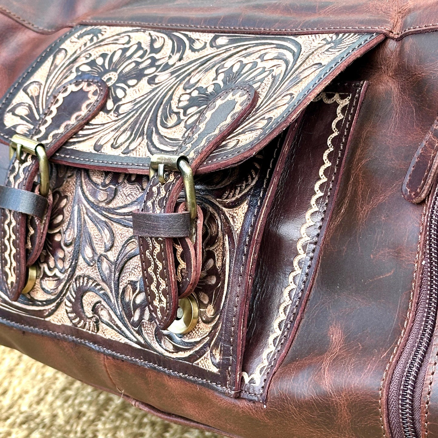 Western Style Leather Duffel | Weekender Travel Bag | Hand Tooled Leather Duffel | Leather Gym Bag | Large Weekender Bag | Valentines Gift | - JayKayBoutiqueOnline