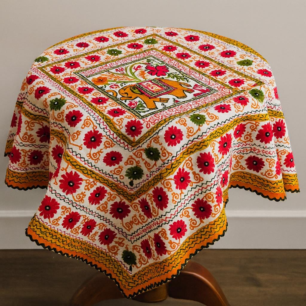 Elephant Floral Hand Embroidered Tablecloth or Wall hanging - JayKayBoutiqueOnline