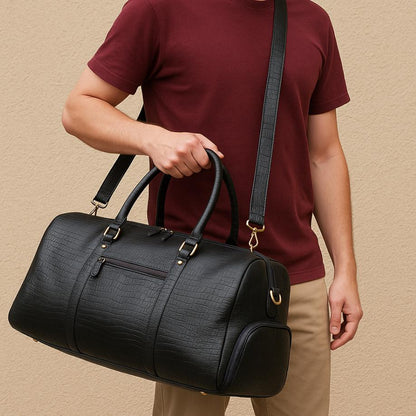 Black Leather Duffel Bag with Snake Skin Effect - JayKayBoutiqueOnline