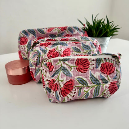 3 Piece Printed Cotton Quilted Makeup Bath Toiletry Bag Set - JayKayBoutiqueOnline