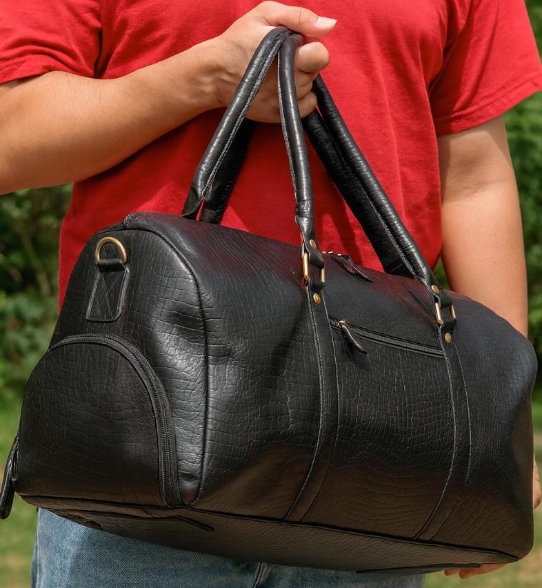 Black Leather Duffel Bag with Snake Skin Effect - JayKayBoutiqueOnline