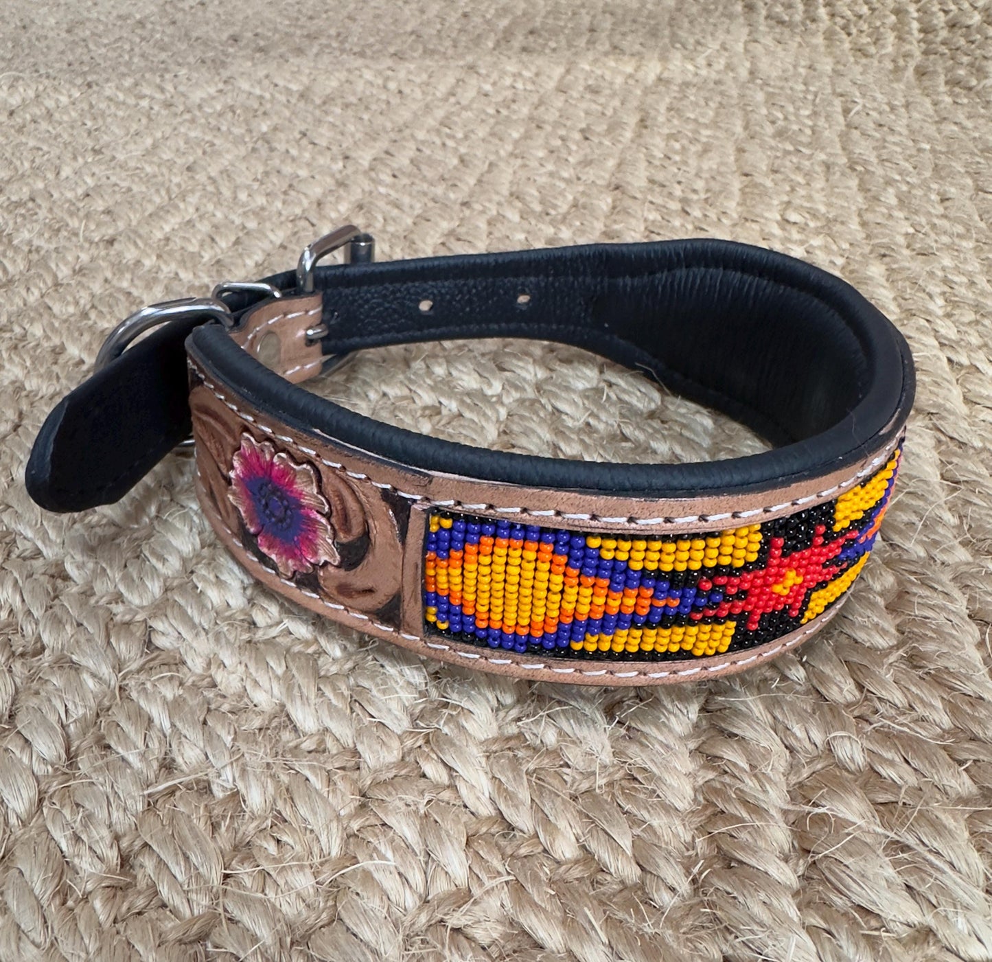 Beaded Leather Beaded Dog Collar with Hand Tooled Design - JayKayBoutiqueOnline