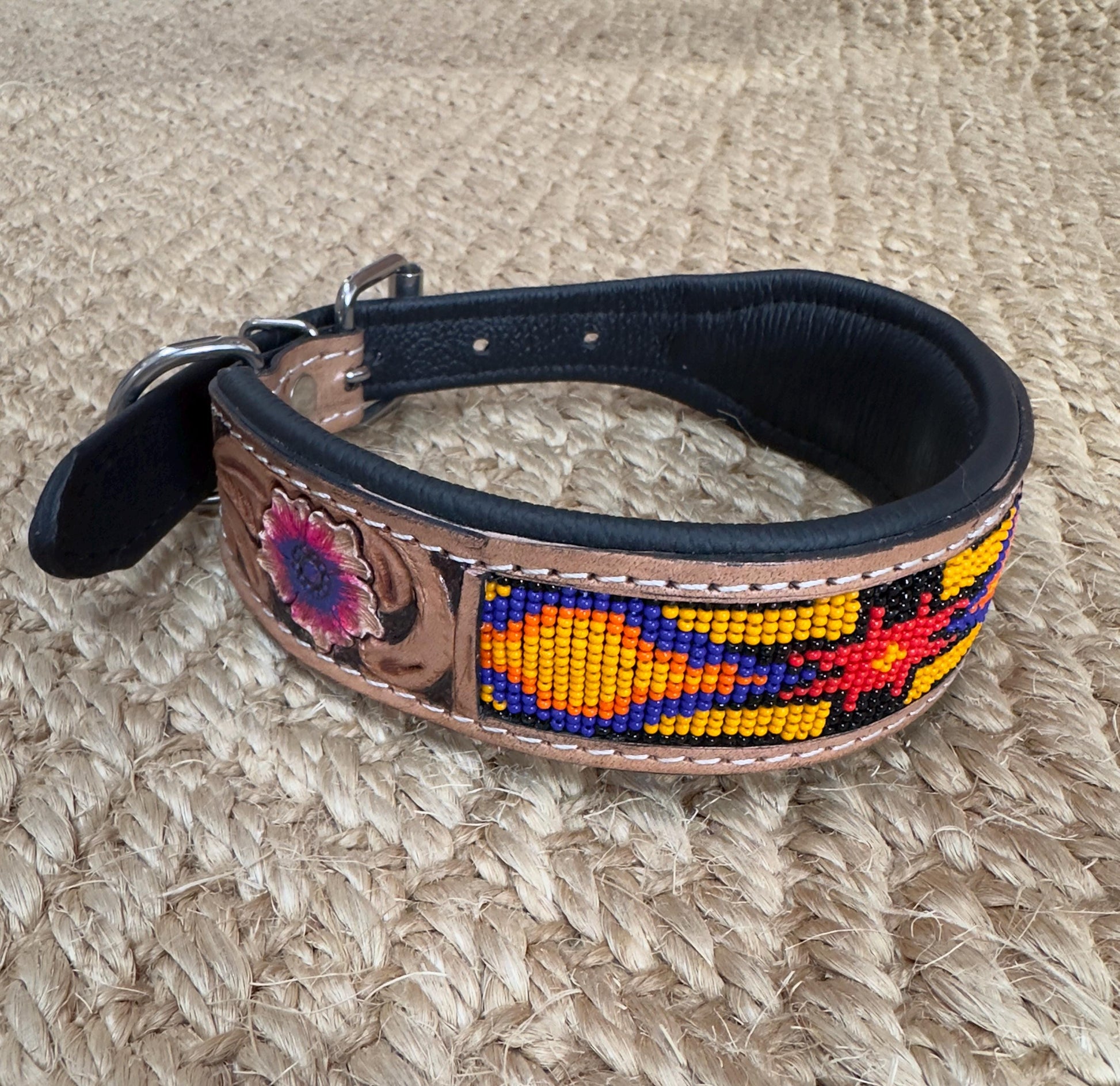 Beaded Leather Beaded Dog Collar with Hand Tooled Design - JayKayBoutiqueOnline