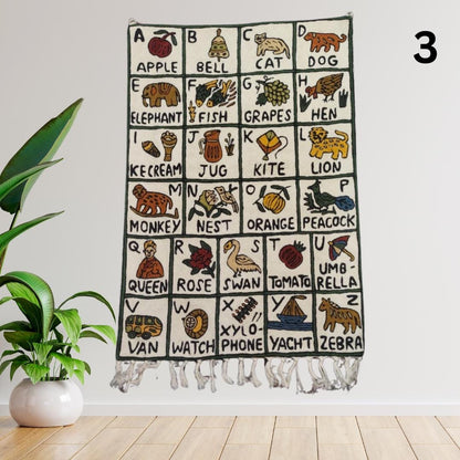 Handwoven Wool ABC Tapestry: Nursery Wall Hanging with Animal Embroidery Nursery Rug - JayKayBoutiqueOnline