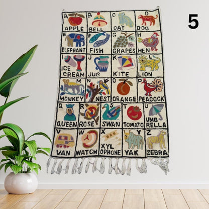 Handwoven Wool ABC Tapestry: Nursery Wall Hanging with Animal Embroidery Nursery Rug - JayKayBoutiqueOnline
