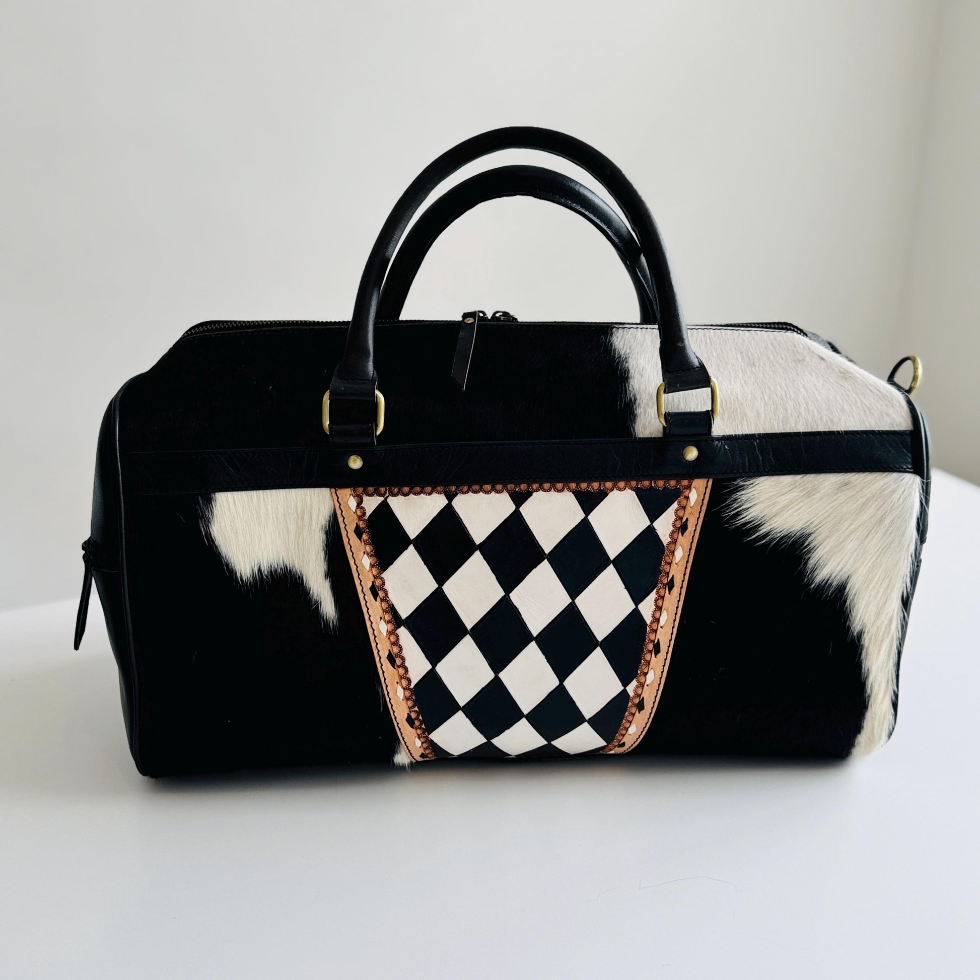 Small Hide & Leather Duffle Bag with Tooled Detailing in Black or Tan - JayKayBoutiqueOnline