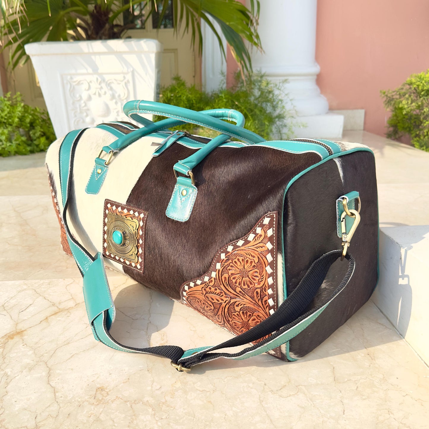 Hand Carved Leather Cowhide Duffle Gym Weekend Bag - JayKayBoutiqueOnline