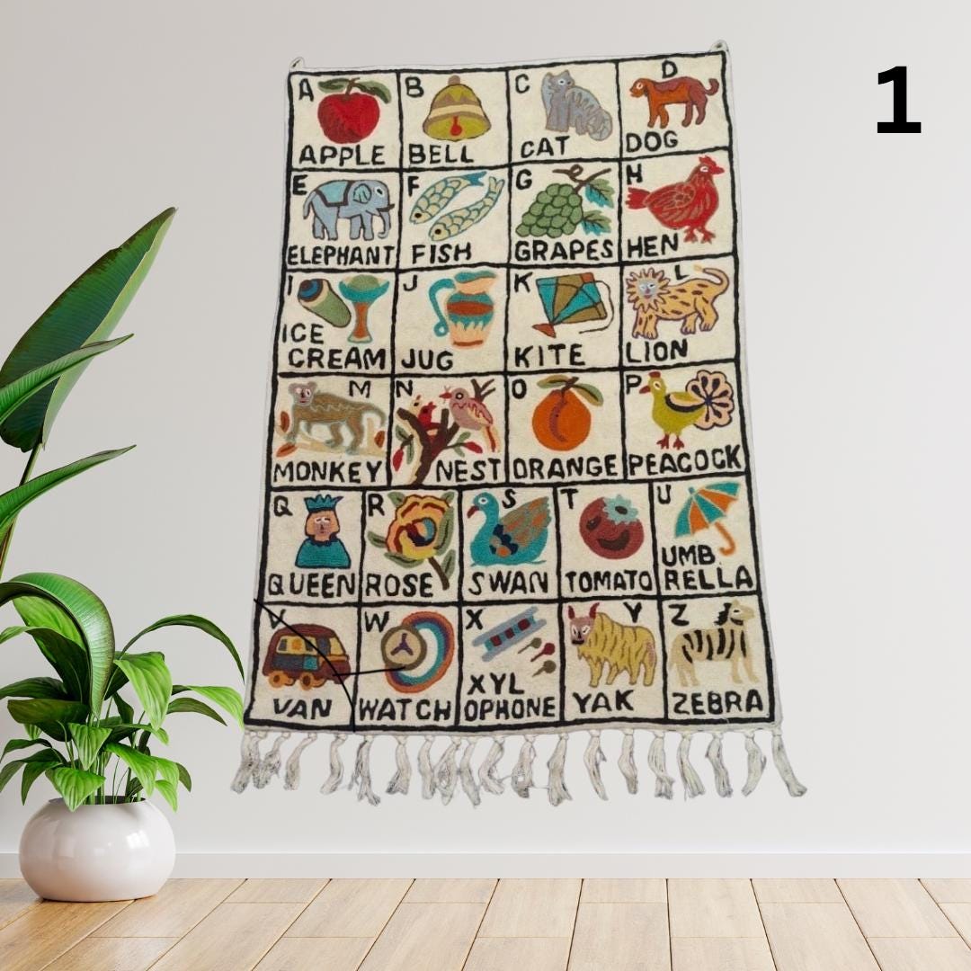 Handwoven Wool ABC Tapestry: Nursery Wall Hanging with Animal Embroidery Nursery Rug - JayKayBoutiqueOnline