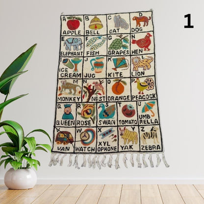 Handwoven Wool ABC Tapestry: Nursery Wall Hanging with Animal Embroidery Nursery Rug - JayKayBoutiqueOnline