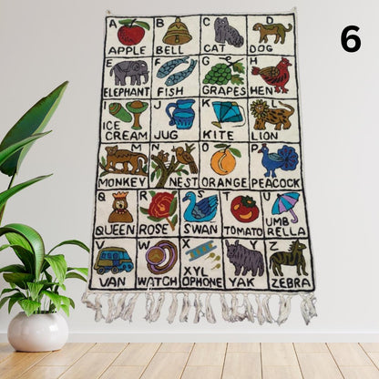 Handwoven Wool ABC Tapestry: Nursery Wall Hanging with Animal Embroidery Nursery Rug - JayKayBoutiqueOnline