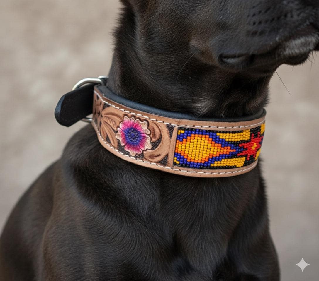 Beaded Leather Beaded Dog Collar with Hand Tooled Design - JayKayBoutiqueOnline