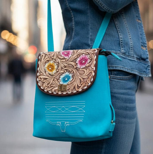 2 in 1 Leather Suede Backpack with Hand-Tooled Design - JayKayBoutiqueOnline