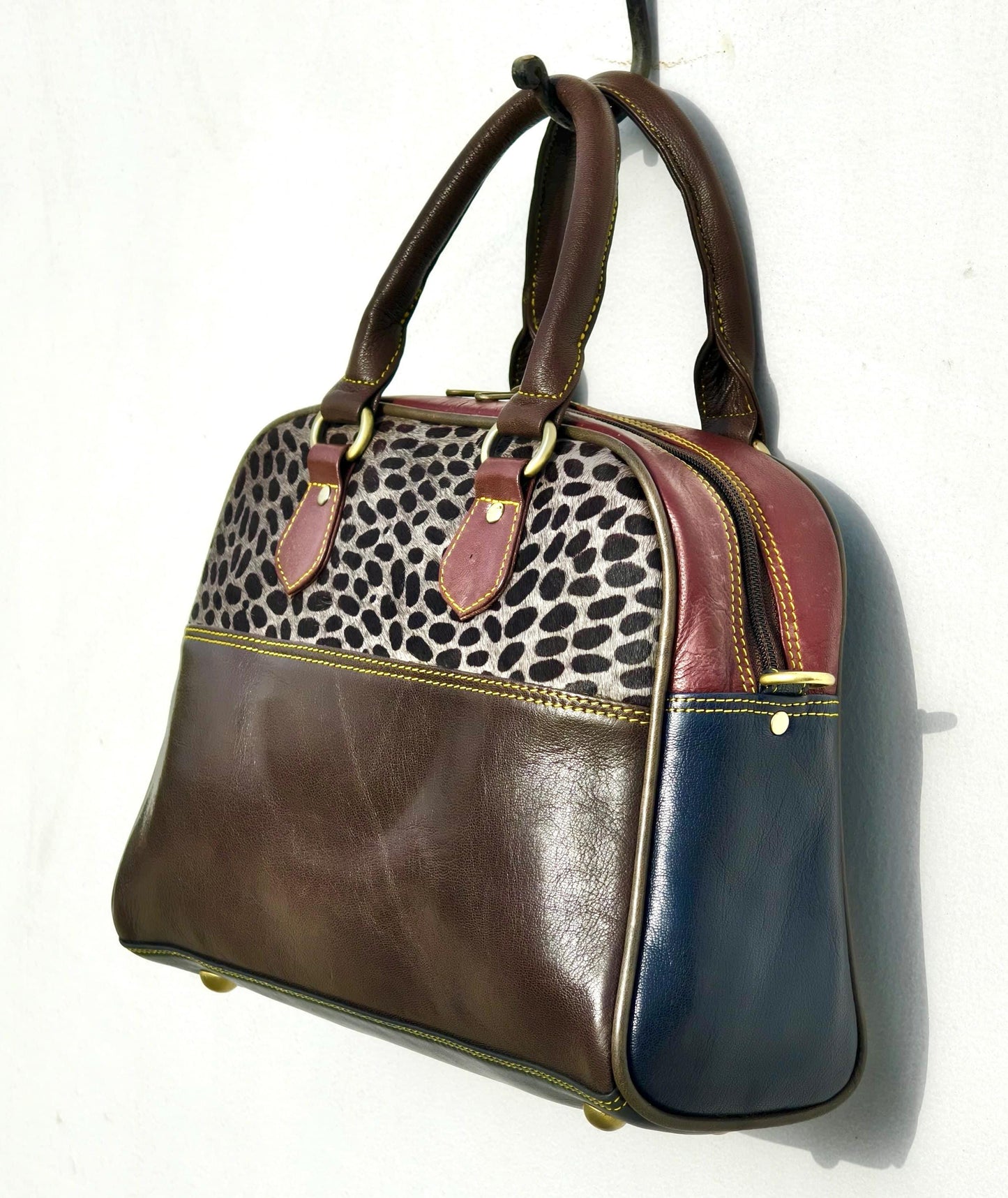 Coloured Leather Top Handle Leather Handbag: Vintage Style, Adjustable Strap - JayKayBoutiqueOnline