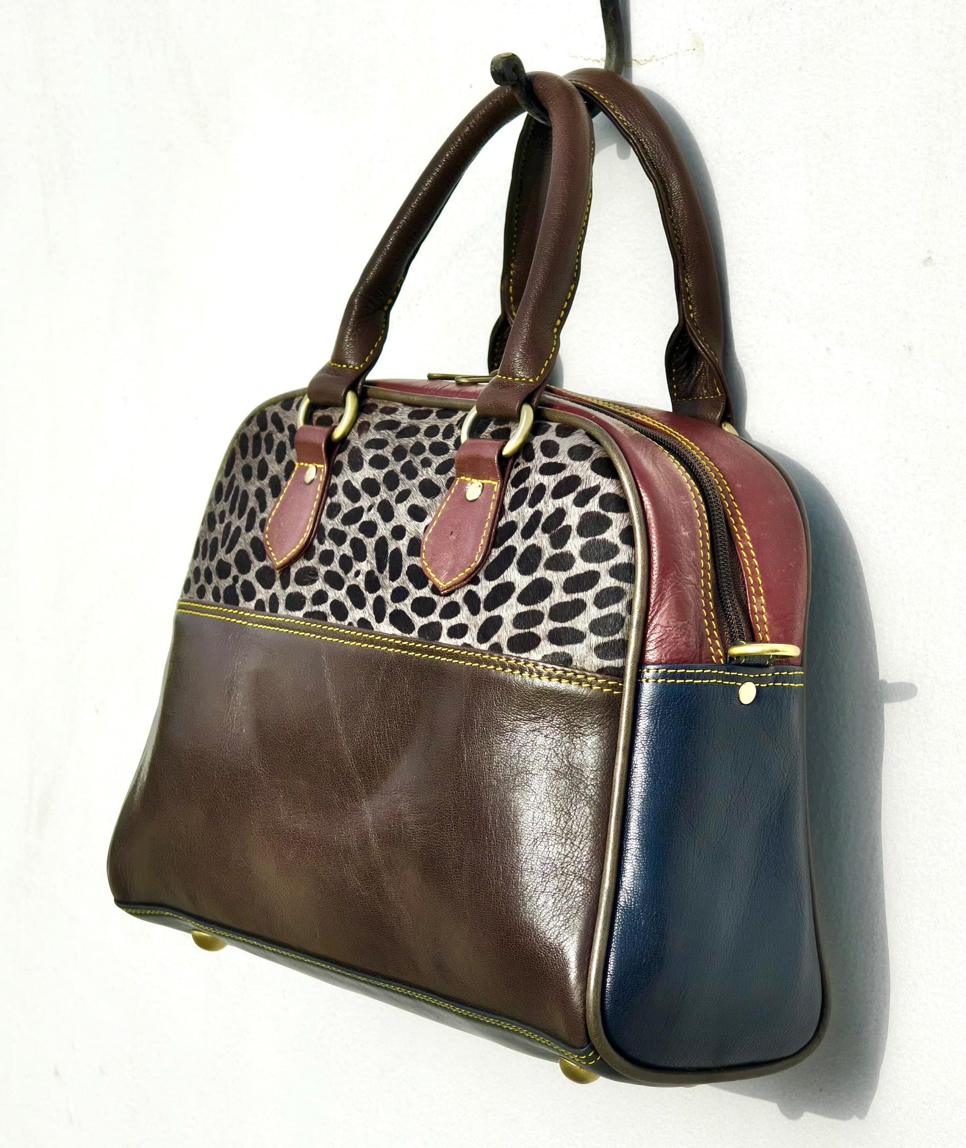 Coloured Leather Top Handle Leather Handbag: Vintage Style, Adjustable Strap - JayKayBoutiqueOnline