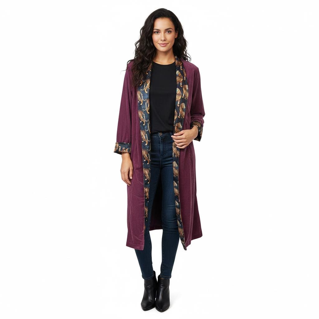 Reversible Velvet Duster Jacket with Tiger Print - JayKayBoutiqueOnline