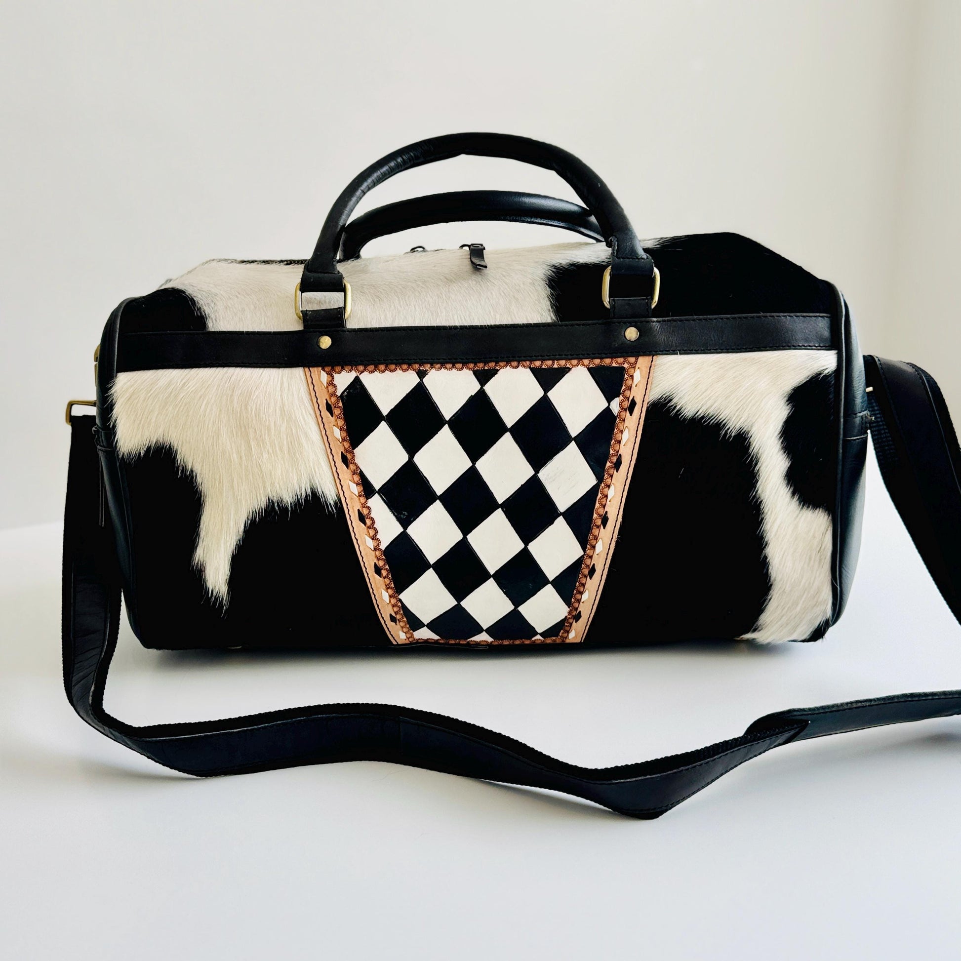 Small Hide & Leather Duffle Bag with Tooled Detailing in Black or Tan - JayKayBoutiqueOnline