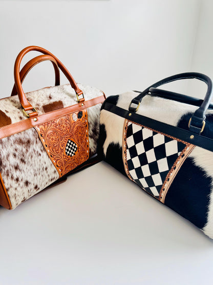 Hide & Leather Duffle Bag with Tooled Detailing in Black or Tan - JayKayBoutiqueOnline