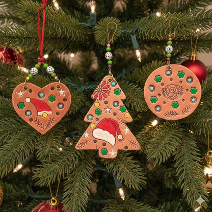 Handmade Leather Christmas Decoration: Hand-Painted Tree, Heart, or Round Design, Rustic Holiday Decor - JayKayBoutiqueOnline