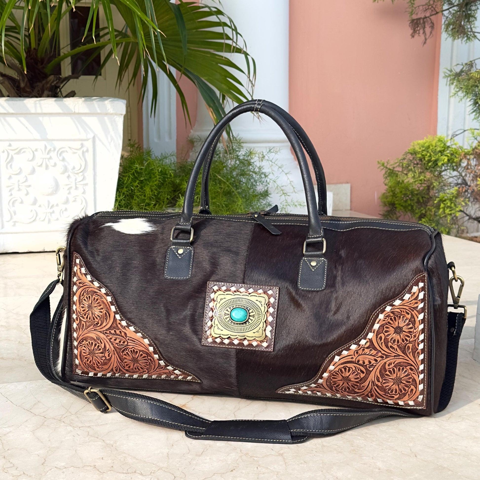 Western Style Leather Duffle Bag with Hide - JayKayBoutiqueOnline