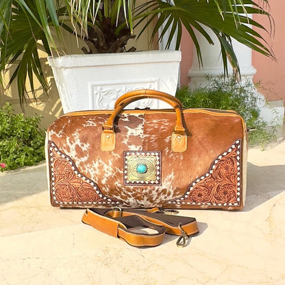 Hand Carved Leather Cowhide Duffle Gym Weekend Bag - JayKayBoutiqueOnline