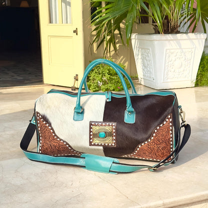Hand Carved Leather Cowhide Duffle Gym Weekend Bag - JayKayBoutiqueOnline