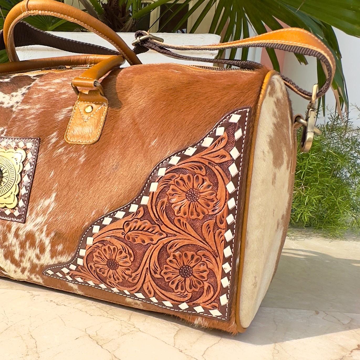 Hand Carved Leather Cowhide Duffle Gym Weekend Bag - JayKayBoutiqueOnline