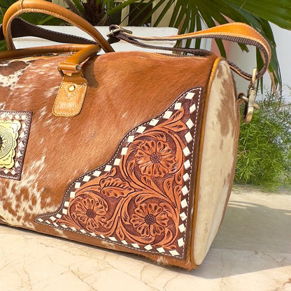 Hand Carved Leather Cowhide Duffle Gym Weekend Bag - JayKayBoutiqueOnline