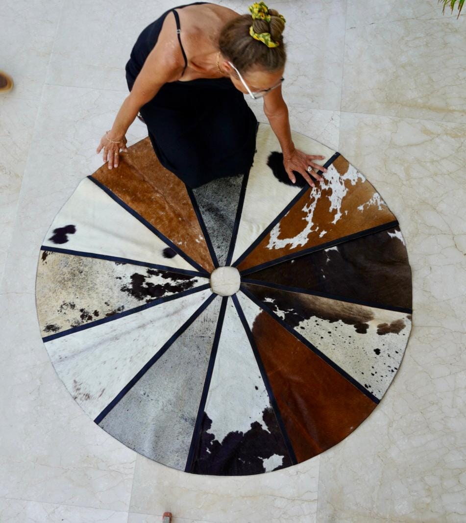 Unique Rare Cowhide Circular Rug Velcro Fastening hole centre piece; indoor centre piece surround; - JayKayBoutiqueOnline
