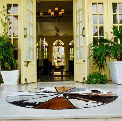 Unique Rare Cowhide Circular Rug Velcro Fastening hole centre piece; indoor centre piece surround; - JayKayBoutiqueOnline