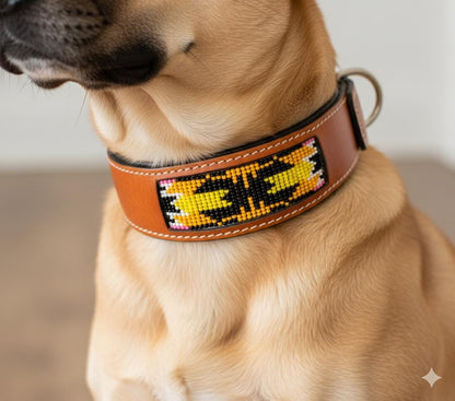 Beaded Leather Beaded Dog Collar with Hand Tooled Design - JayKayBoutiqueOnline