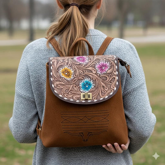 2 in 1 Leather Suede Backpack with Hand-Tooled Design - JayKayBoutiqueOnline