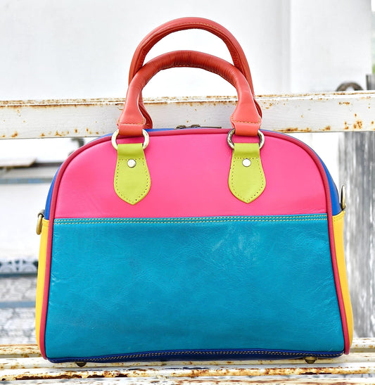 Coloured Leather Top Handle Leather Handbag: Vintage Style, Adjustable Strap - JayKayBoutiqueOnline