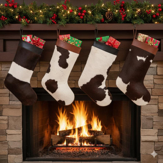 Handmade Cowhide Christmas Stockings with Leather Top: Brown or Black Cowhide, Large Christmas Stocking 50x41cm (20x16in) - JayKayBoutiqueOnline