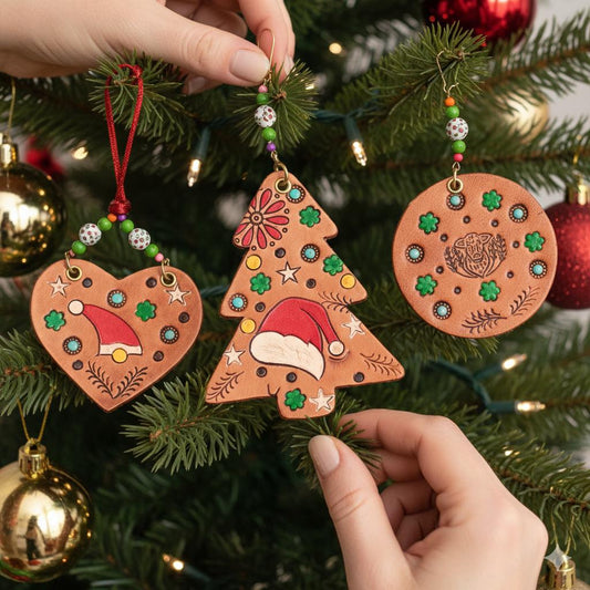 Handmade Leather Christmas Decoration: Hand-Painted Tree, Heart, or Round Design, Rustic Holiday Decor - JayKayBoutiqueOnline