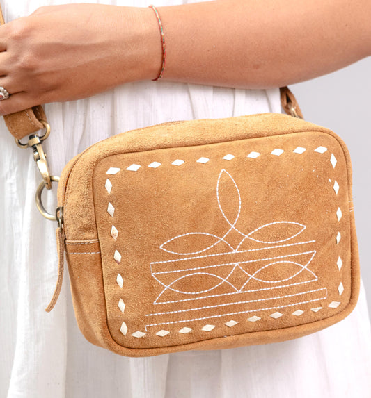 Western Style Suede Crossbody Bag | Boot Stitch Handbag with Zipped Pockets - Available in Tan, Black, Turquoise - JayKayBoutiqueOnline