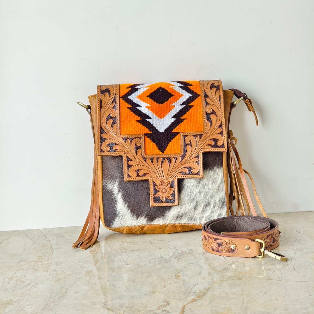 Hand Tooled Leather Cowhide Shoulder Bag - JayKayBoutiqueOnline