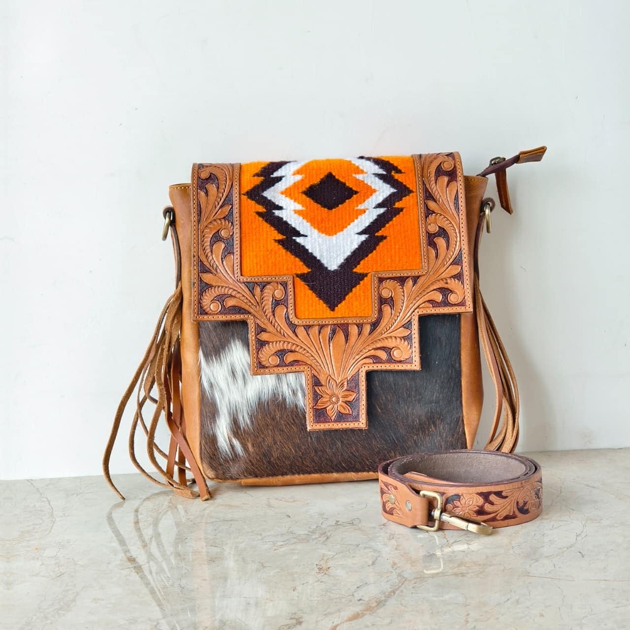 Hand Tooled Leather Cowhide Shoulder Bag - JayKayBoutiqueOnline