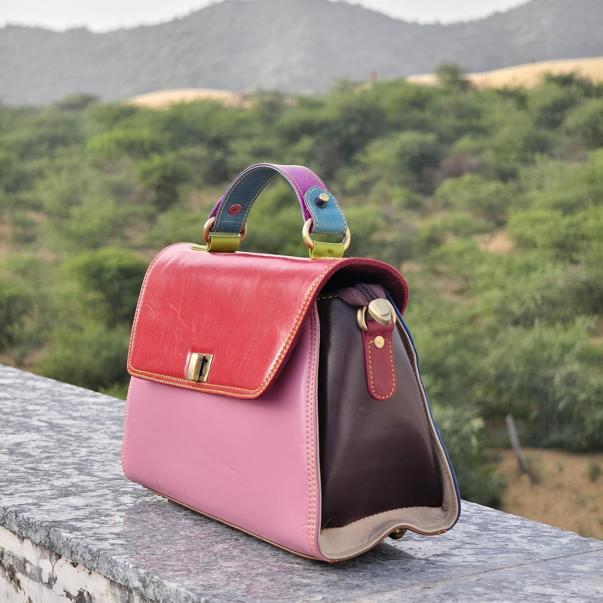 Coloured Leather Top Handle Leather Handbag with Animal Print Hide Options - JayKayBoutiqueOnline