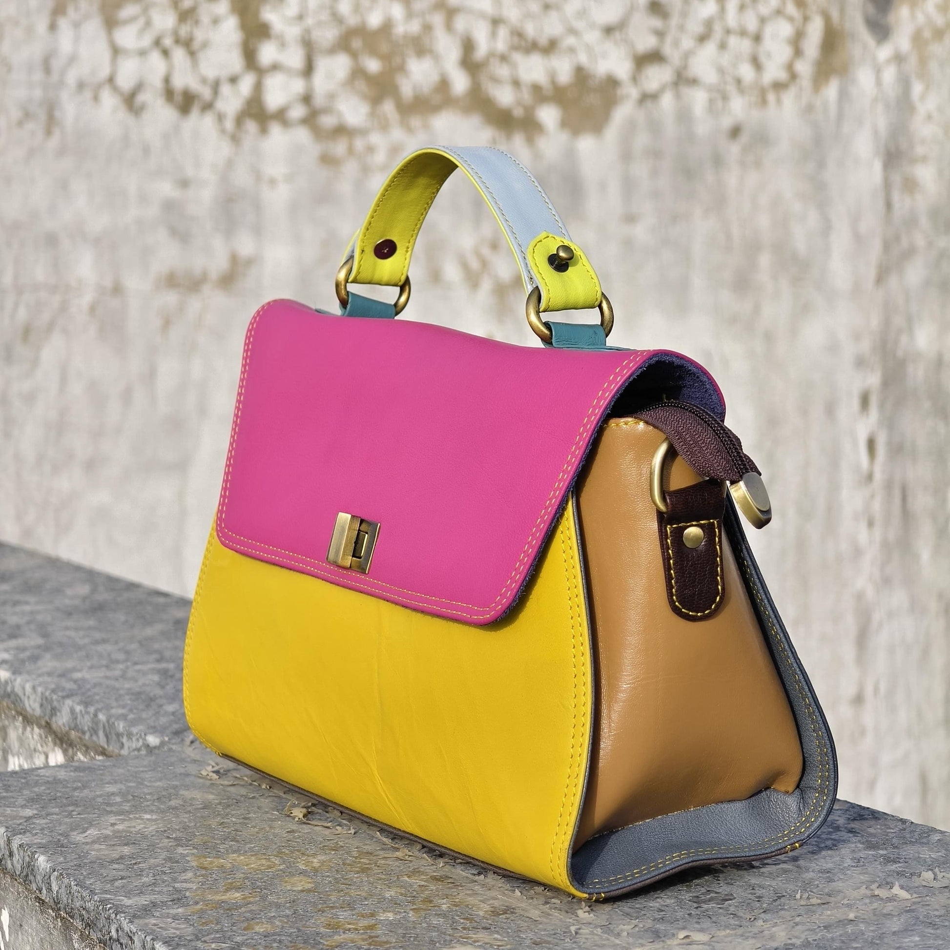 Coloured Leather Top Handle Leather Handbag with Animal Print Hide Options - JayKayBoutiqueOnline