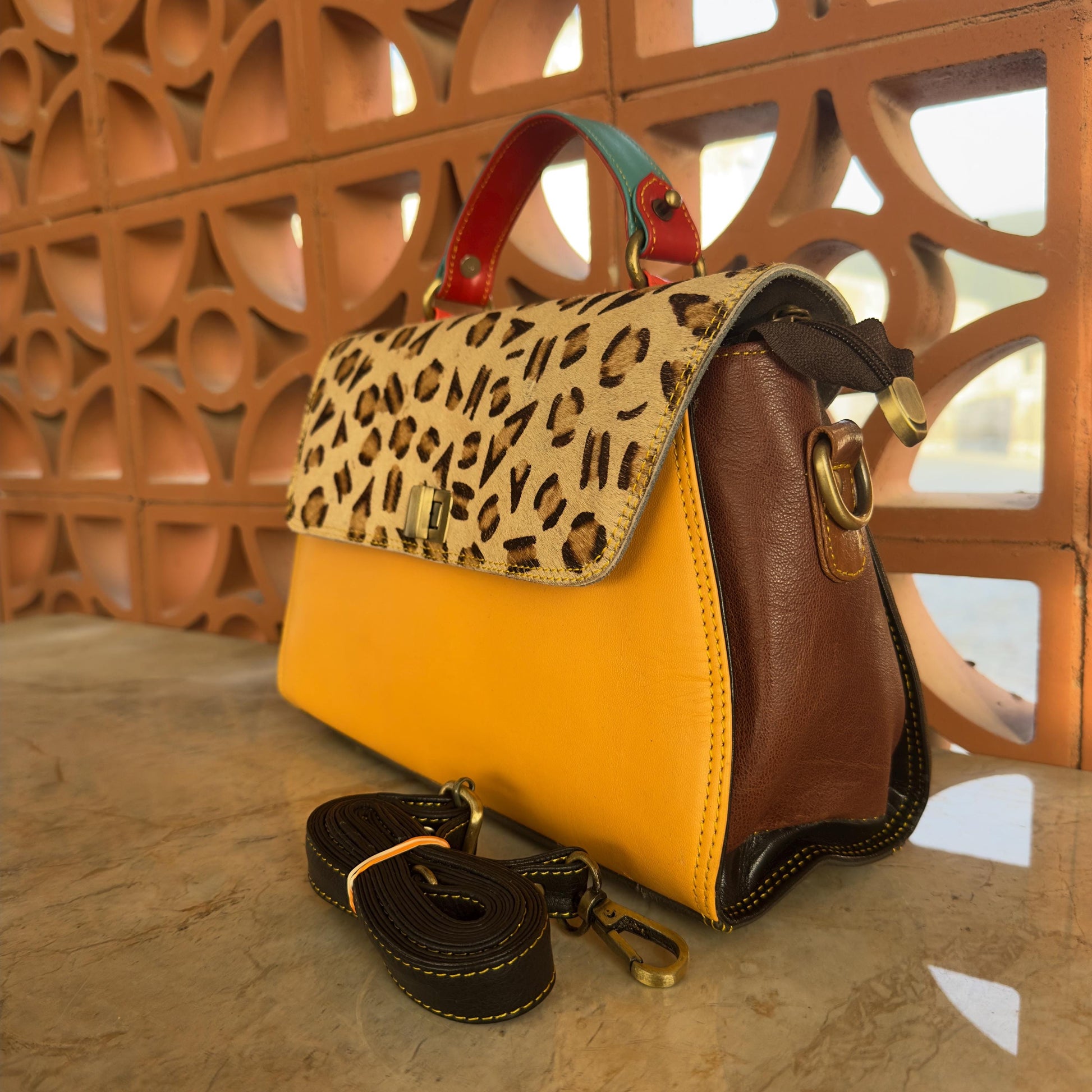Coloured Leather Top Handle Leather Handbag with Animal Print Hide Options - JayKayBoutiqueOnline