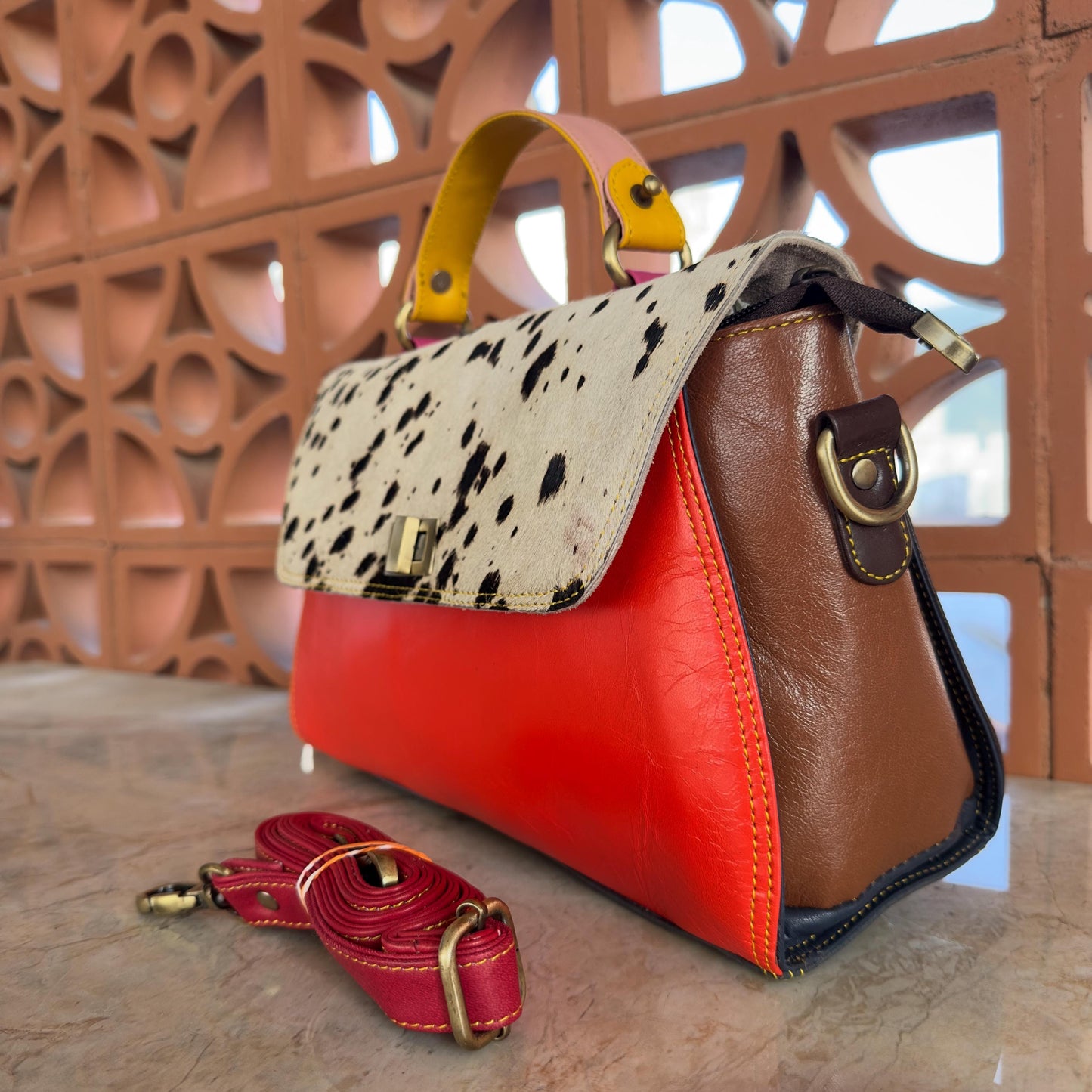Coloured Leather Top Handle Leather Handbag with Animal Print Hide Options - JayKayBoutiqueOnline