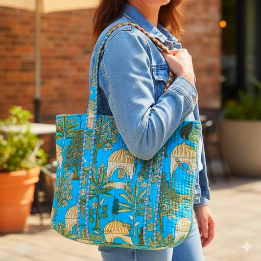 Cotton Quilted Tote Bag with Pocket - JayKayBoutiqueOnline
