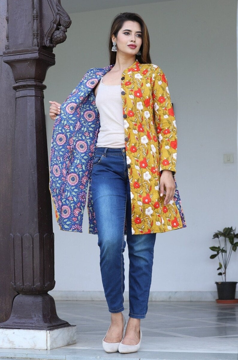 Stylish Floral Reversible Quilted Jacket for Women | Jackets for Women | Long Sleeve Bohemian Winter Wear | Yellow Floral Quilted Jacket - JayKayBoutiqueOnline