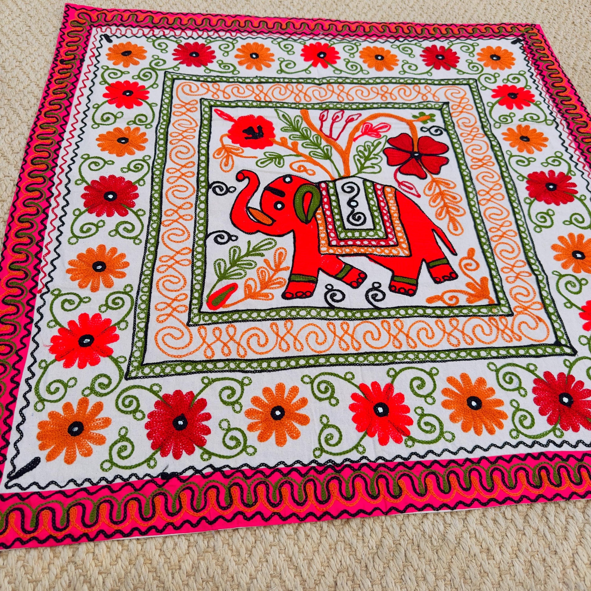 Elephant Floral Hand Embroidered Tablecloth or Wall hanging - JayKayBoutiqueOnline