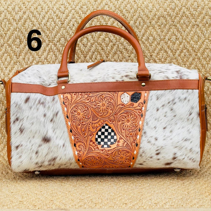 Hide & Leather Duffle Bag with Tooled Detailing in Black or Tan - JayKayBoutiqueOnline