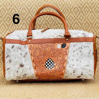 Hide & Leather Duffle Bag with Tooled Detailing in Black or Tan - JayKayBoutiqueOnline