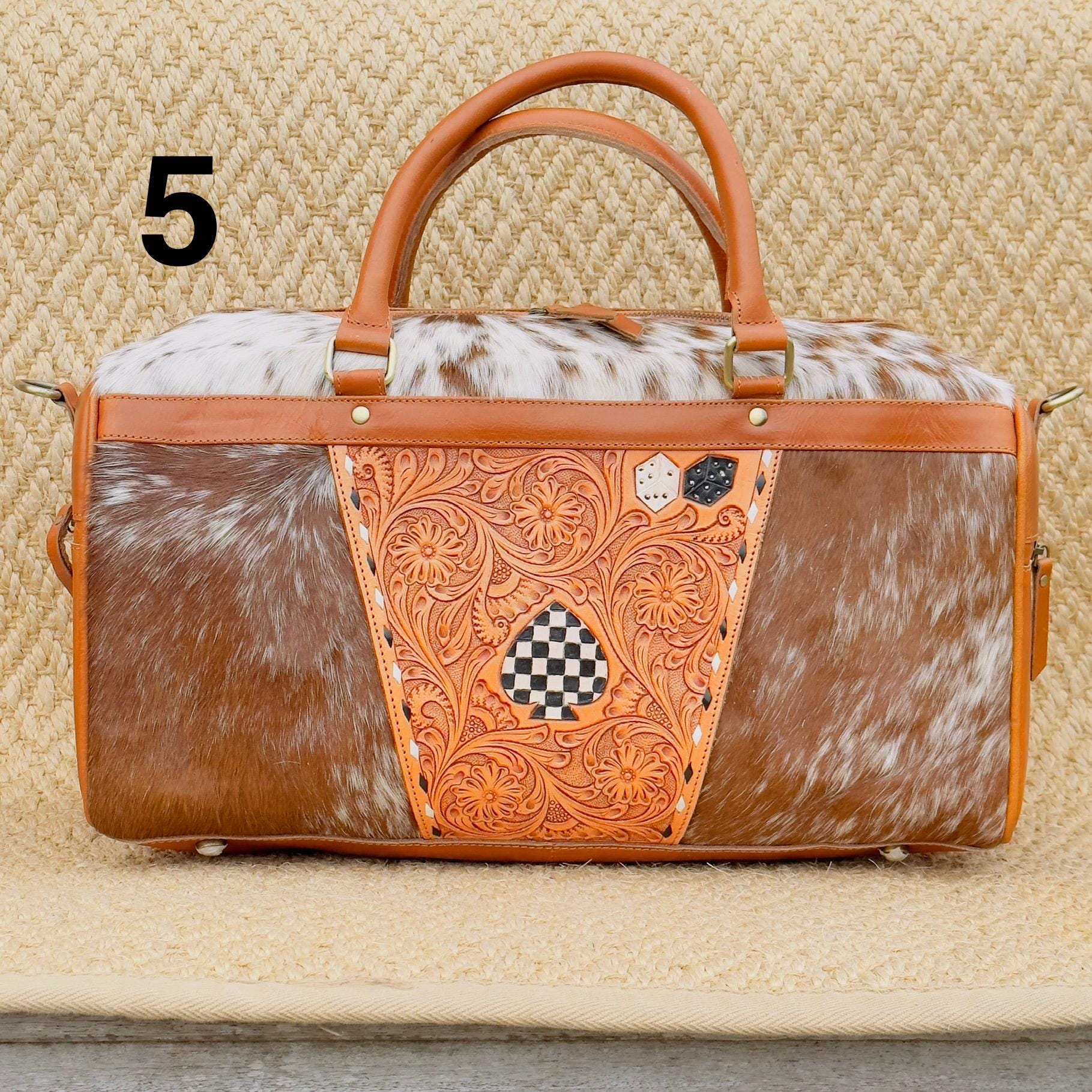 Hide & Leather Duffle Bag with Tooled Detailing in Black or Tan - JayKayBoutiqueOnline