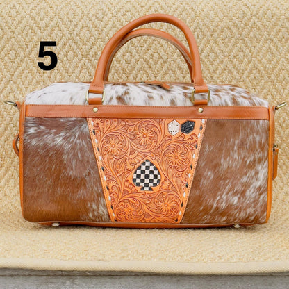 Hide & Leather Duffle Bag with Tooled Detailing in Black or Tan - JayKayBoutiqueOnline